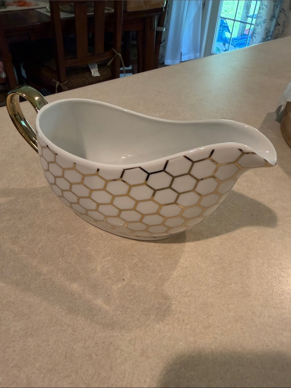 White Ceramic Gravy Boat with Gold Honeycomb Accent